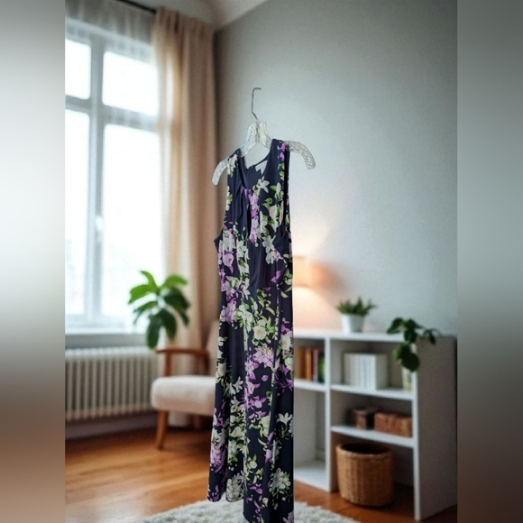 London Times Empire Waist Fit & Flare Midi Dress Size 14 Navy Floral (EUC) - Picture 10 of 14